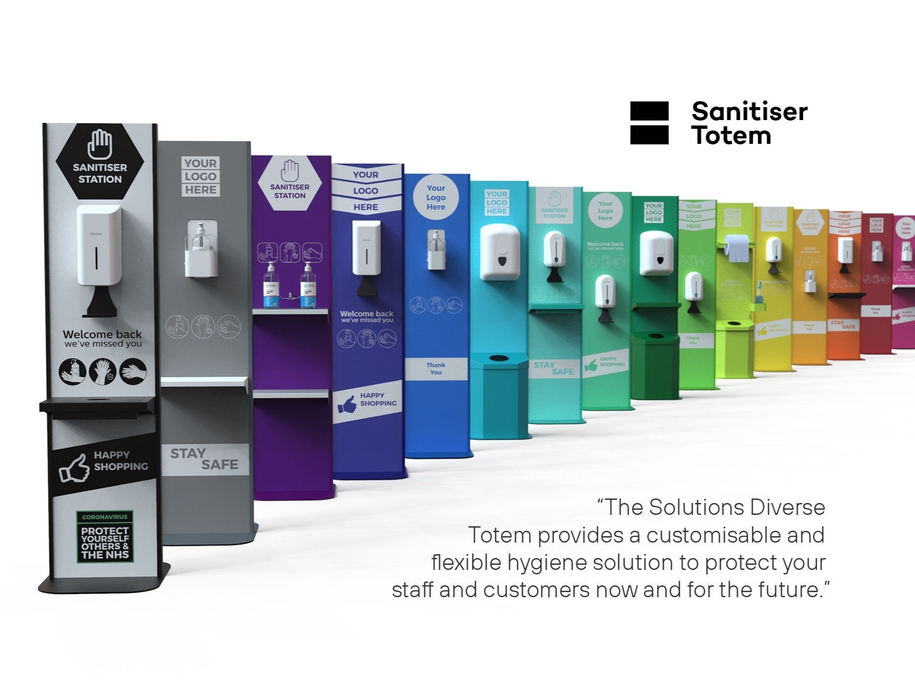 The Solutions Diverse Totem provides a customisable and flexible hygiene solution to protect your staff and customers now and for the future.